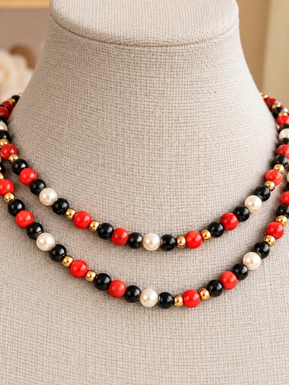 Vintage Monet Red, Black, Pearl & Gold Beaded Necklace 35”